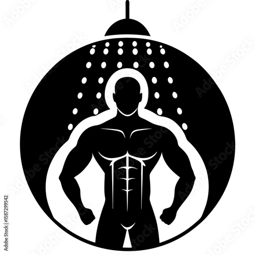 Man taking shower in circle frame silhouette vector illustration