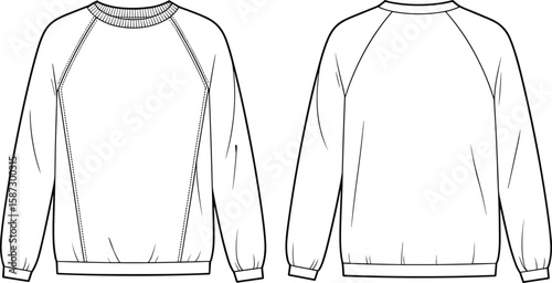 Front and back technical flat sketch of men’s crewneck sweatshirt with long sleeves, ribbed cuffs, waistband, and detailed seam lines.