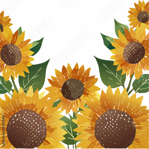 vector pattern of corner frames with stylized sunflower bouquets in warm mustard yellow tones
