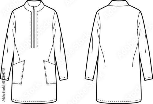 Technical flat sketch of long sleeve women’s tunic with front zipper, high collar, angled pockets, minimalist fashion template vector.