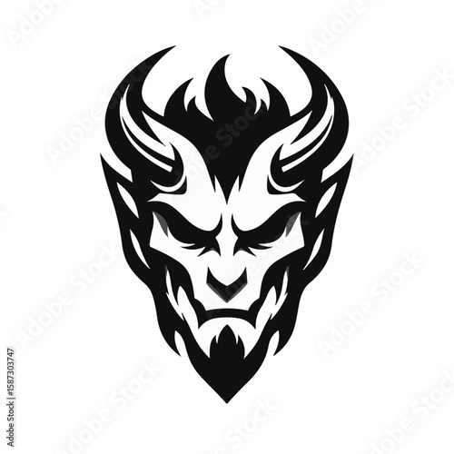 Sinister Silhouette: A formidable illustration of a horned demonic entity, rendered in a stark, monochromatic style, emanates an aura of ancient evil and primal fear.