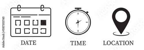 Time, Date, Address and Location icon Blue and Black color. Vector illustration, Event elements sign symbol. Date symbol, Time symbol , Address symbol, date sign, calendar sign, location sign. Eps 10