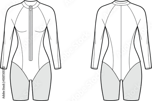 Technical flat sketch of women's surf suit with long sleeves, zipper front, contrast panels, fitted cut, front and back template.
