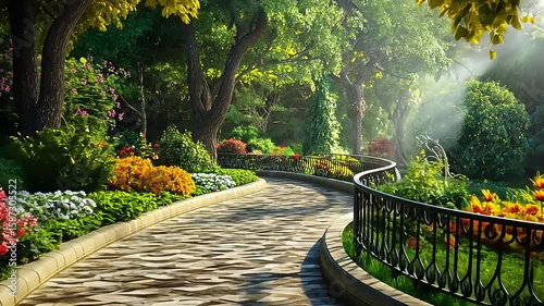 Serene garden pathway lined with vibrant flowers, sunlight filtering through trees, inviting stroll