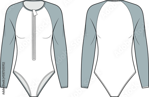 Women’s long sleeve swimsuit flat sketch, front and back view, technical fashion drawing, zip-up rash guard, vector apparel illustration