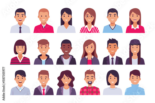 Diverse Portrait Set: A vibrant and inclusive collection of individual faces representing a multitude of personalities and appearances, offering a versatile resource for various design projects. 