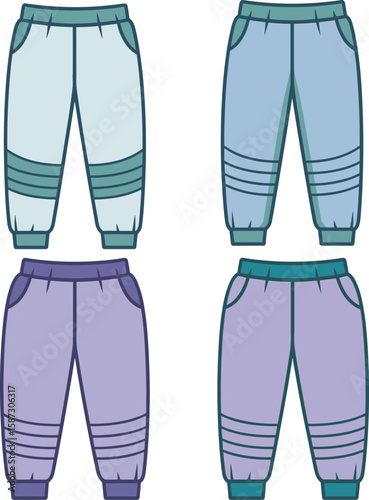 Colorful jogger pants fashion flat sketch, front and back view of casual sportswear design, vector template for clothing design