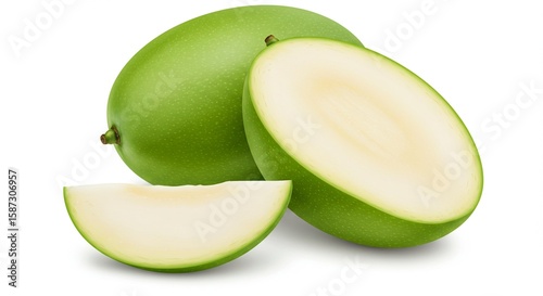 Photo of fresh green mango fruit with slices isolated on white background