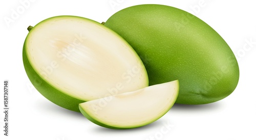 Photo of fresh green mangoes isolated on white background, one cut in half