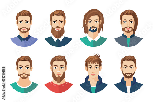 Facial Features: A set of illustrations showcasing a range of diverse male faces, each with unique hairstyles and facial hair, offering a glimpse into varied appearances and grooming styles.
