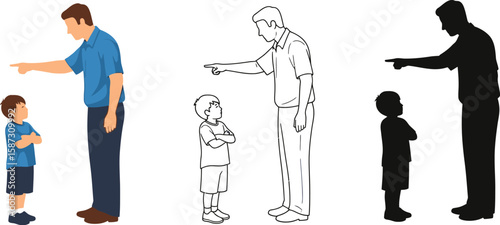 Man pointing at child in three graphic styles; a dad talking to his son in color, line art, and silhouette for visual variety.