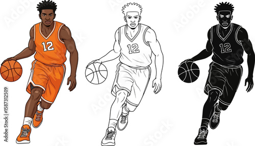Basketball player illustration in color, outline and silhouette is ready to dribble and score during a competitive sporting event.