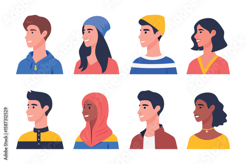 Diverse head profile set: Set of various avatar characters, human head with face in side view with different skin tones, diverse hairstyles, and different types of clothing.