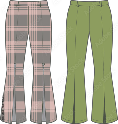 Trendy women’s flared pants front view, stylish plaid and solid color designs, fashion illustration, zipper detail, casual outfit inspiration
