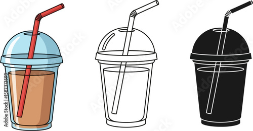 Refreshing drinks in plastic cups with straws, presented in color, outline, and silhouette forms for diverse design applications.