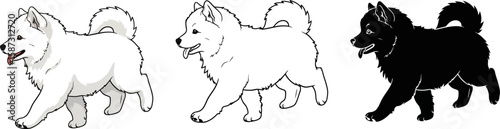 Three dogs of different styles are depicted, showing white, black and line art illustration with the animals walking.