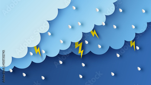 Illustration of Cloud and rain on dark background. heavy rain, rainy season, paper cut and craft style. vector, illustration.