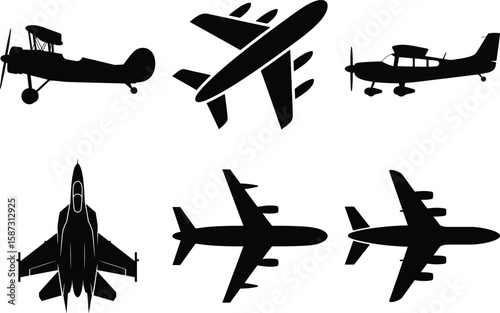Silhouette vector set of various airplanes including fighter jet, biplane, and passenger aircraft in black isolated on white background.