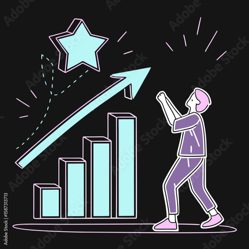 Man reaching for a star above a rising bar chart on black background  