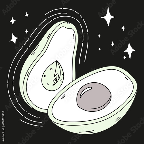 Avocado half with seed on black background and stars around  