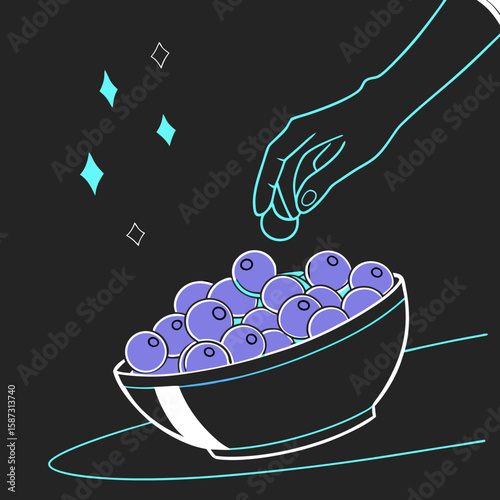 Hand placing blueberries in a bowl with glowing outline on dark background  