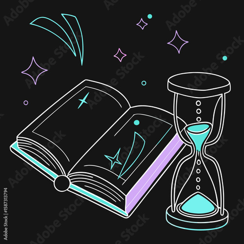 Open book and hourglass illustration with glowing outline on black  
