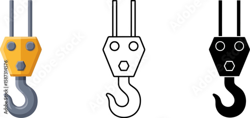 Depiction of a crane hook with variations, highlighting engineering elements and design simplicity for diverse applications.