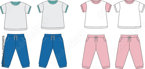 Kids clothing set flat sketch, t-shirt and joggers combo, boys and girls outfit design, front view vector fashion template