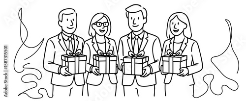 Business Team Members Holding Gift Boxes for Celebration, Corporate Giveaway or Festive Event