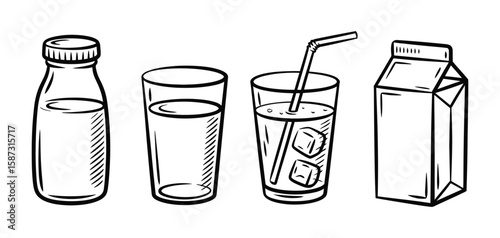 Beverage Container Icons: Hand-Drawn Bottle, Glass, Drink, and Carton Illustrations

