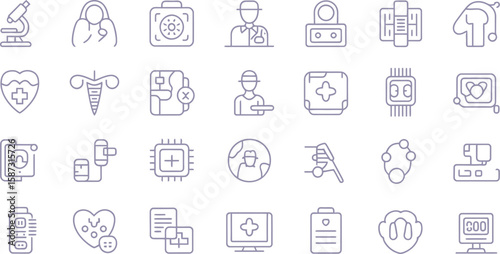 A collection of medical and technology related outline icons on a light background
