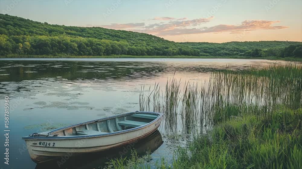 Serene sunset over calm lake, small boat gently resting Serene sunset over calm lake, small boat gently resting