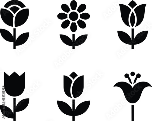 A set of six black flower icons including a rose, tulip, and daisy on gray background