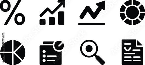 A set of eight black business icons including charts graphs and other data symbols