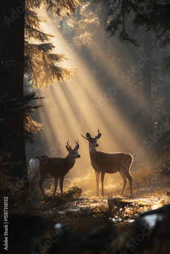 Majestic deer in serene forest, illuminated by soft sunlight filtering through trees