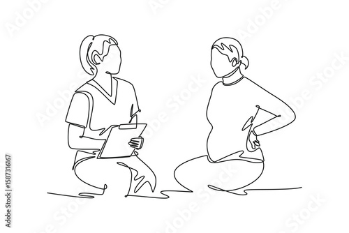 pregnant woman experiencing back pain consults with healthcare doctor. Medical concept. Single line draw design. Vector graphic illustration