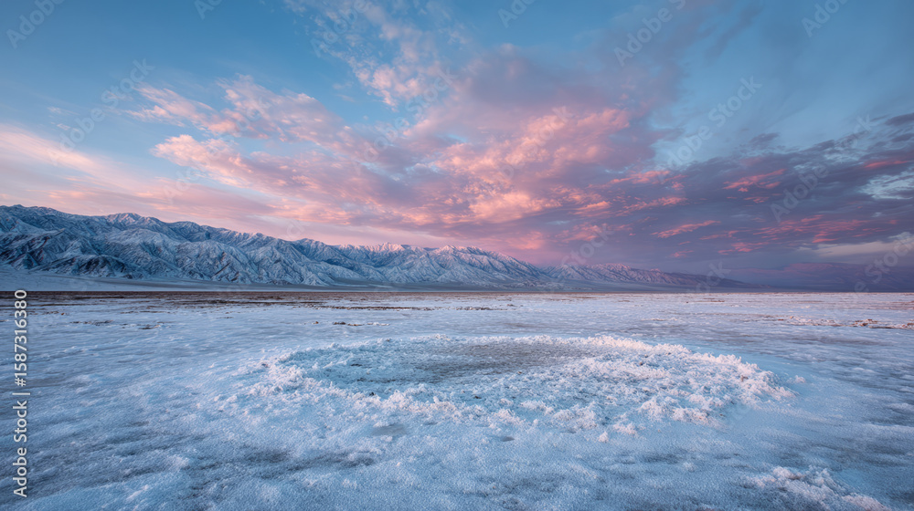 Fototapeta premium Stunning winter landscape featuring snow covered mountains under colorful sky at sunset