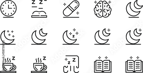 Collection of sleep and bedtime related icons in black outline on white background