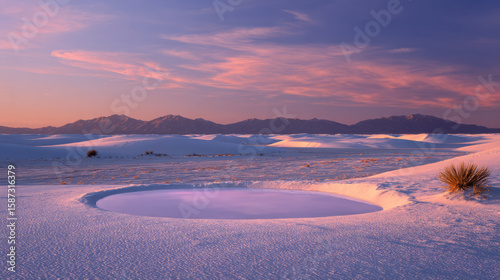 Serene landscape featuring circular pool surrounded by white sand dunes under colorful sky