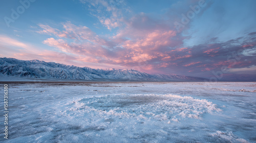 Stunning winter landscape featuring snow covered mountains under colorful sky at sunset