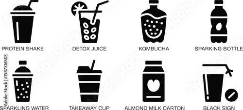 A collection of eight black drink icons including juice and protein shake icons