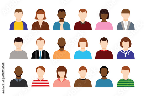 Diverse Person Avatars: A collection of minimalist person avatars showcasing diversity, perfect for representing users or team members on platforms or websites.