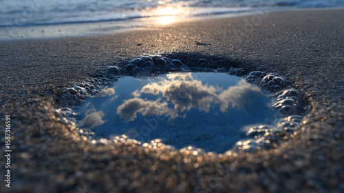 Serene beach scene featuring small pool of water reflecting clouds and sunlight