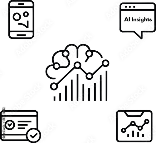 Illustration of ai insights brain with graphs and charts on mobile and document icon