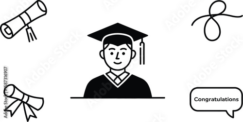 A simple graduation illustration with a graduate and congratulations message box