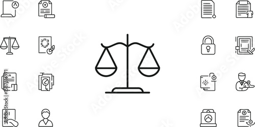 A set of outlined icons depicting legal documents and a central scale of justice