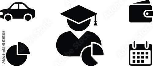 Icons representing financial planning for education with car wallet and calendar