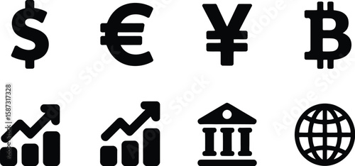 A collection of black financial icons including currency symbols and graphs set up