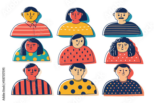 Illustrative Portrait Ensemble: A stylized array of diverse individuals, depicted in vibrant illustration. This image celebrates individuality and unity.