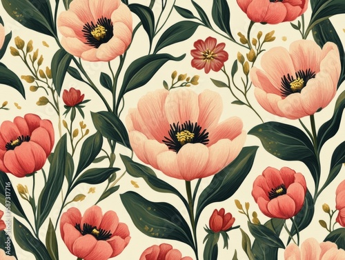 selective focus on decorative tulip pattern in pastel tones